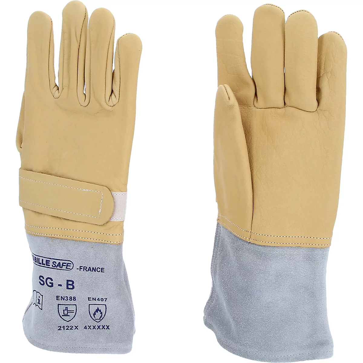 Zwei beigefarbene Lederhandschuhe. Der linke Handschuh hat einen grauen Stulpen mit der Aufschrift "VILLE SAFE SG-B".