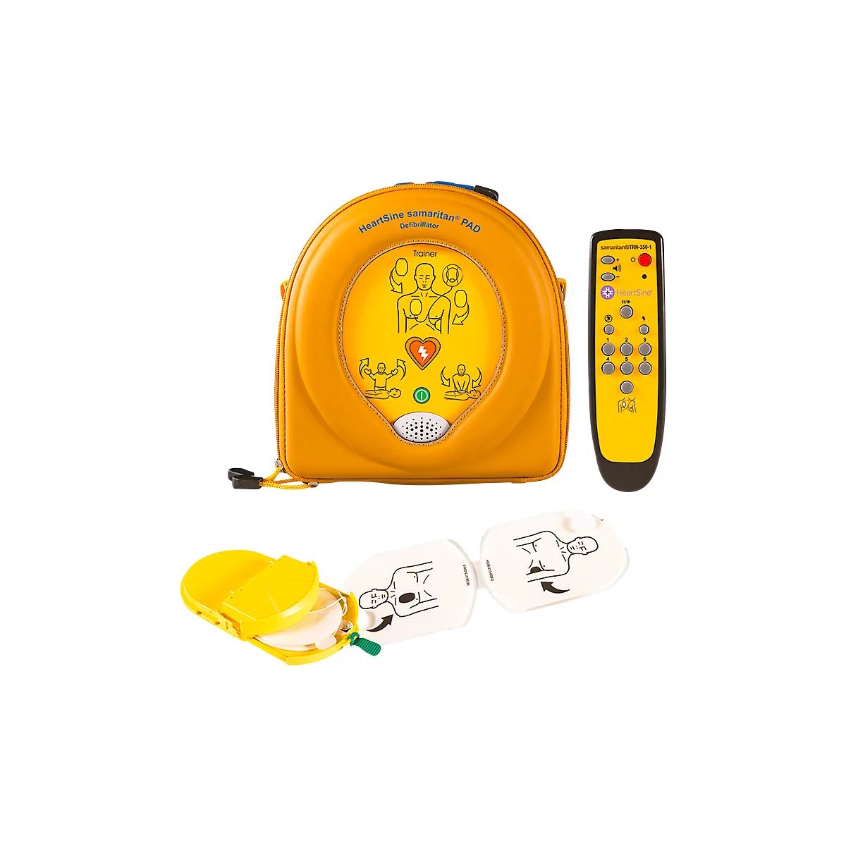 Übungs- und Trainingsdefibrillator-Set für HeartSine PAD350, 6 Szenarien, Tasche, 2 Paar Ersatzelektroden, Ladegerät