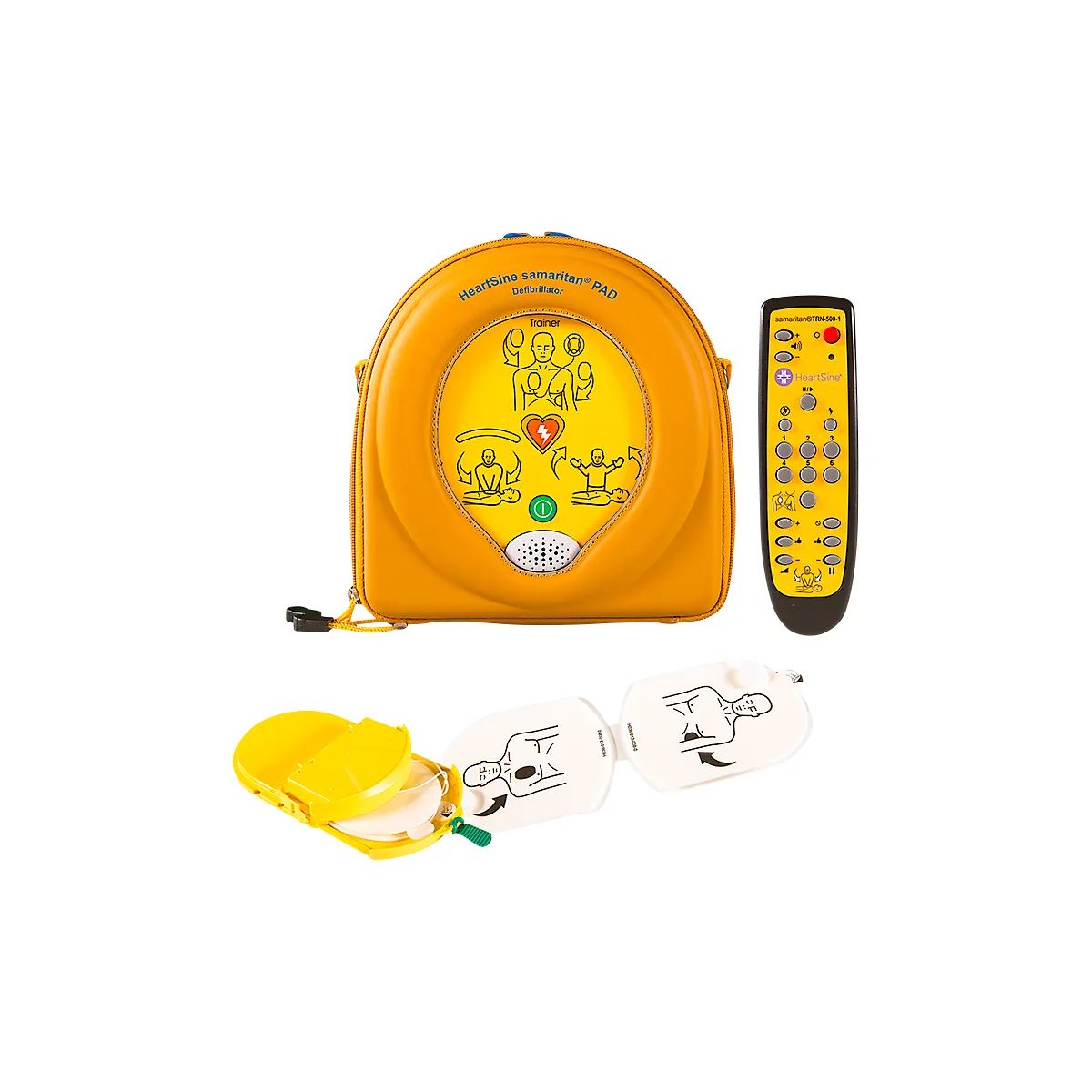Übungs- und Trainingsdefibrillator-Set für HeartSine PAD500, 6 Szenarien, Tasche, 2 Paar Ersatzelektroden, Ladegerät