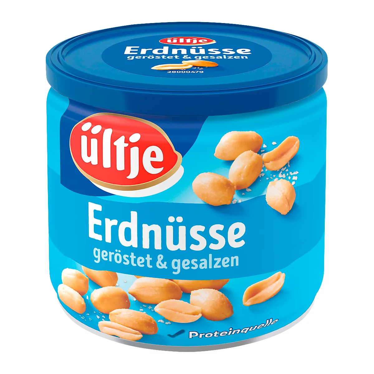 Blaues Ültje Erdnussglas mit gerösteten und gesalzenen Erdnüssen. Der Deckel und die Beschriftung sind deutlich zu sehen.