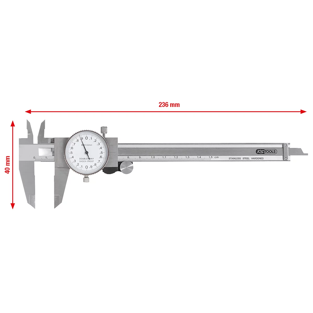 Eine silberne Messschieber mit Anzeige. Rote Pfeile zeigen die Abmessungen 40 mm und 236 mm.