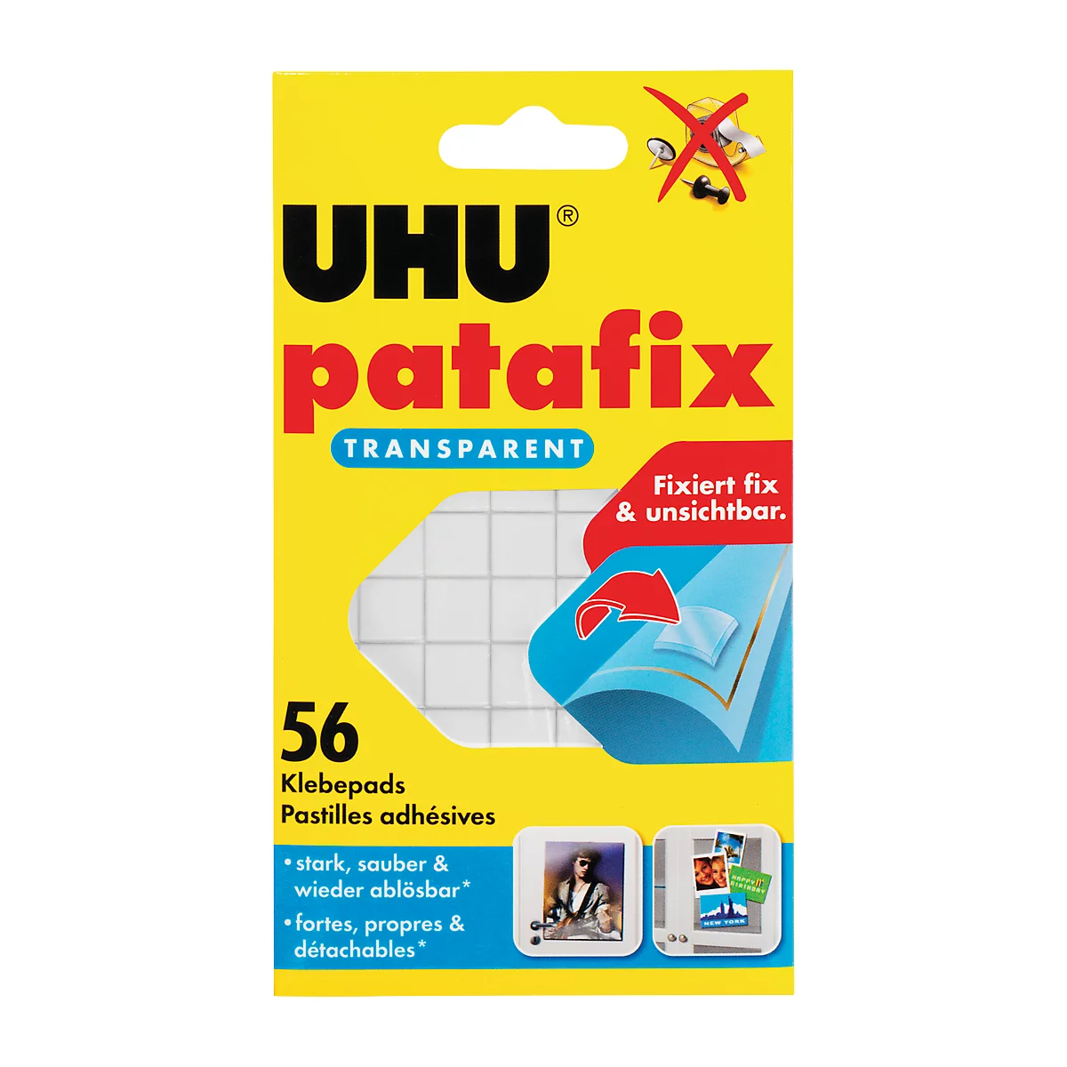 Yellow UHU patafix package. The text 'UHU patafix transparent' is visible, with 56 adhesive pads underneath. With example images of the application.