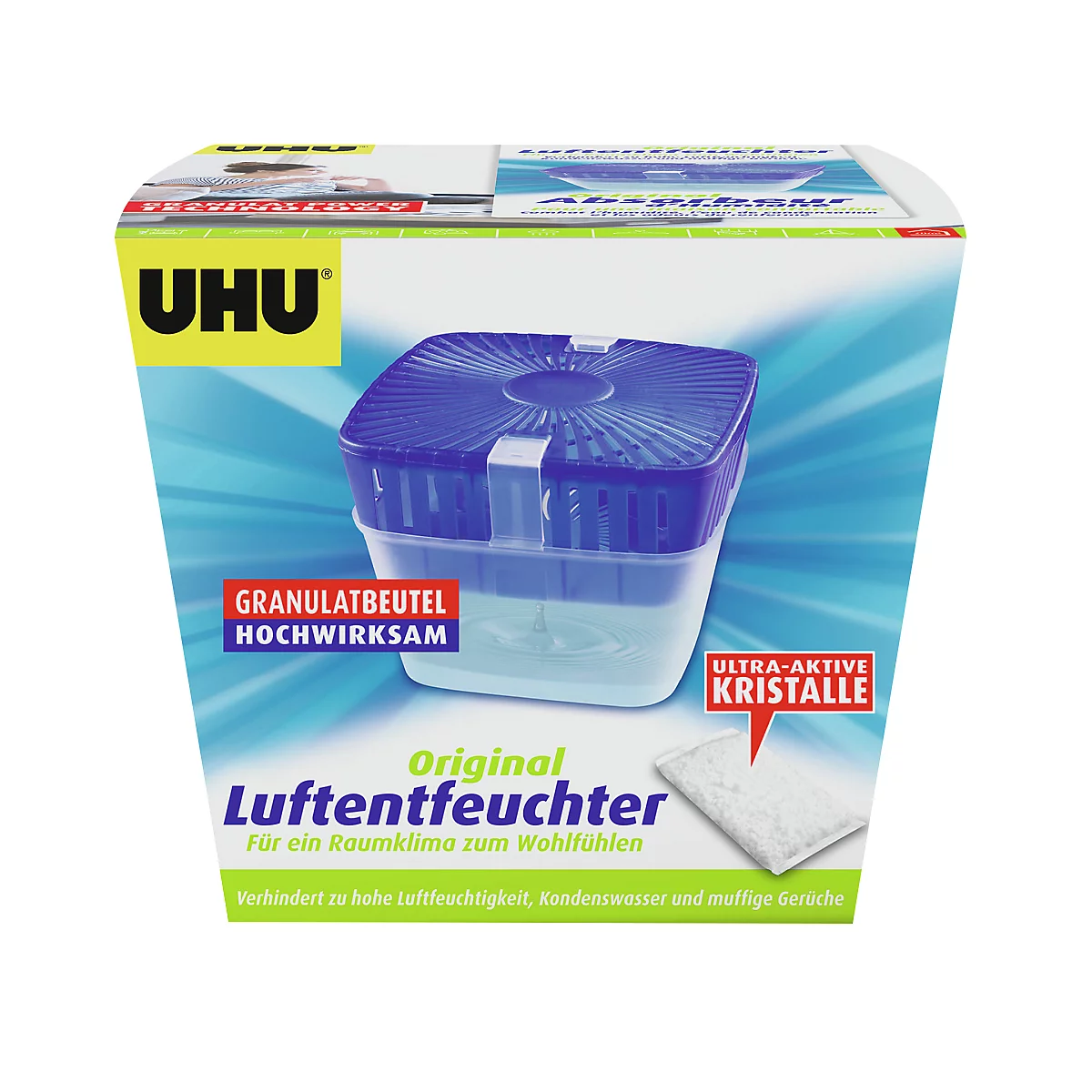 Déshumidificateur UHU sur fond bleu et blanc, le produit affiche les caractéristiques du produit avec des textes tels que "Sachet de granulés très efficace" et "Cristaux ultra-actifs".