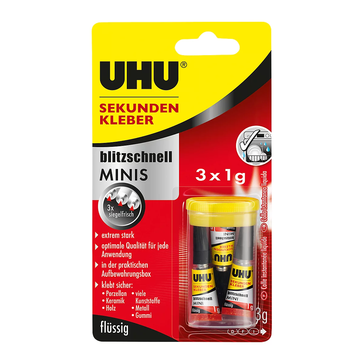 UHU secondelijm blitzschnell mini's 3 x 1 g, vloeibaar, watervast, set van 3