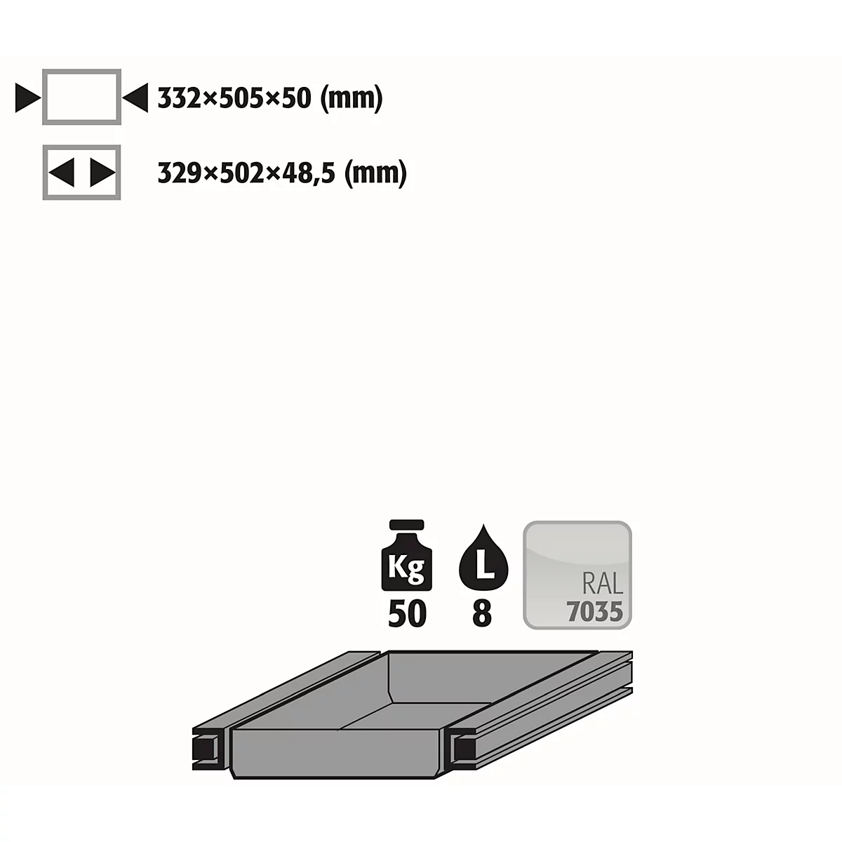 Uittrekbaar afvalbakje voor asecos veiligheidskasten van de series Q30, Q90 en S90, plaatstaal, lichtgrijs, B 332 x D 505 x H 50 mm, 7,5 l, tot 50 kg