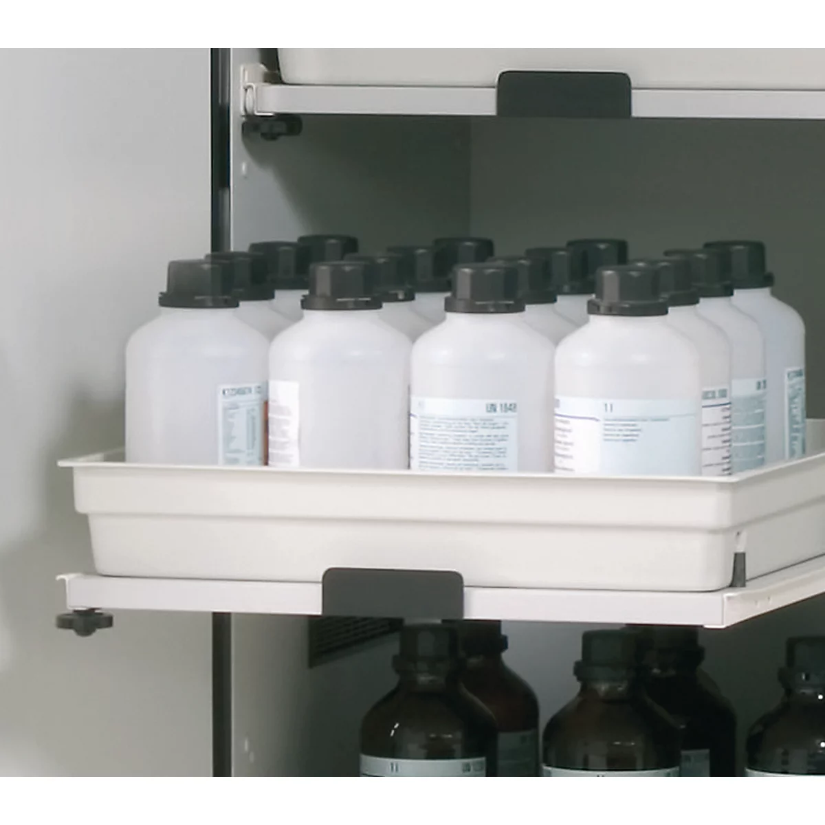 Uittrekbare lade voor asecos veiligheidskasten van de series K-30 en SL-UB, FP-karton/polypropyleen, grijs, B 480 x D 515 x H 80 mm, 11 l, tot 25 kg