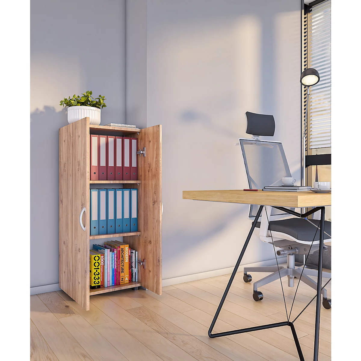 Ulas archiefkast, 3 dossierhoogtes, 2 legborden, voor ca. 21 dossiers, vleugeldeuren, B 490 x D 340 x H 1080 mm, hout, honing eiken