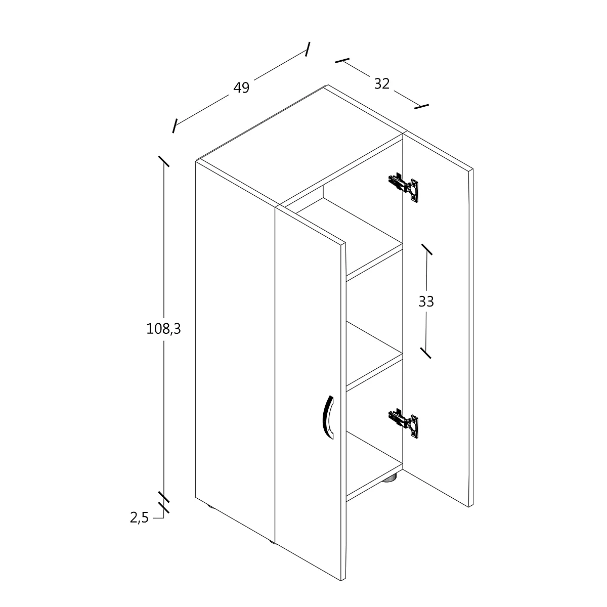 Cabinet in overhead view. Dimensions: 108.3 x 49 x 32 cm. One door is open.