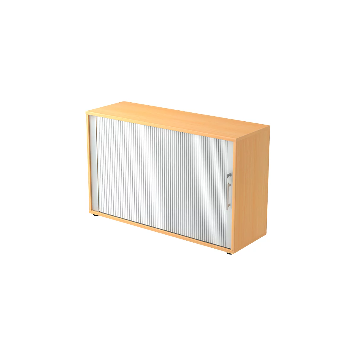 Wooden cabinet with slatted door, handle and hinge. The cabinet has a rectangular shape.