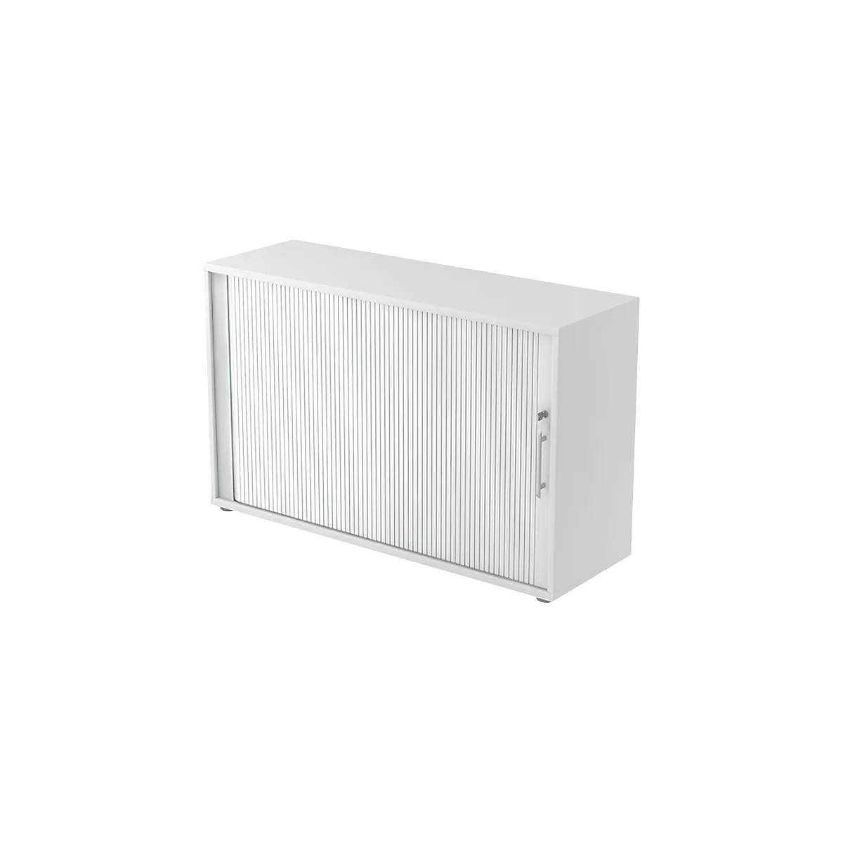 White cabinet with a slatted door and a silver handle. The slats run vertically, the surface is smooth.