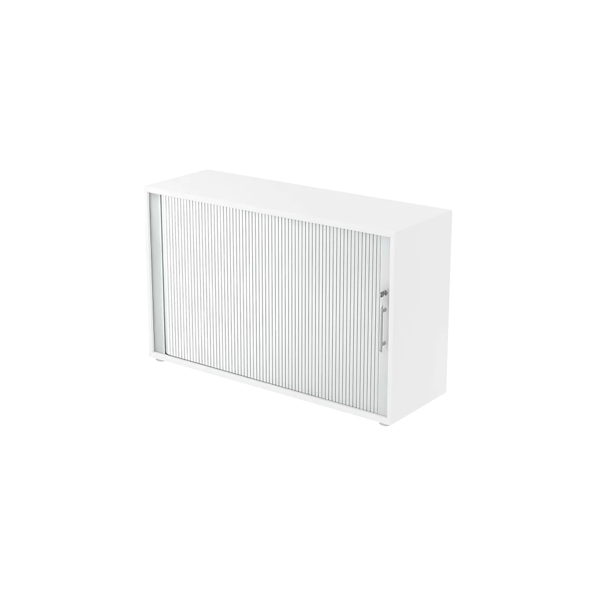White cabinet with slatted doors, silver handle.
