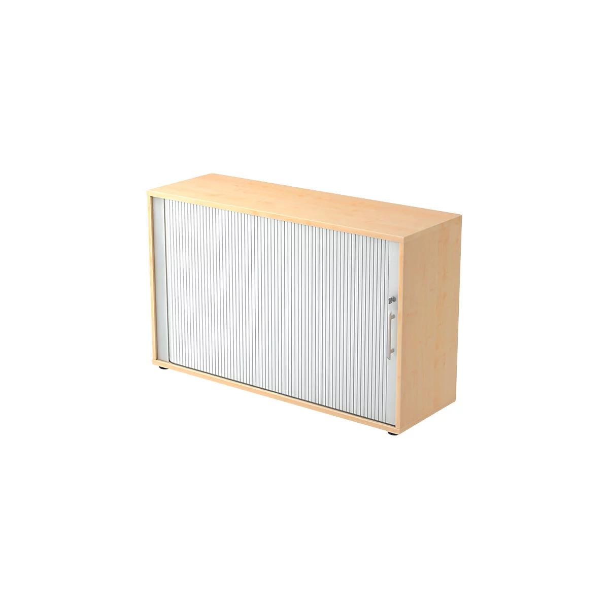 A rectangular cabinet made of light-colored wood. The front consists of vertical, light-colored slats; the door has a silver handle.