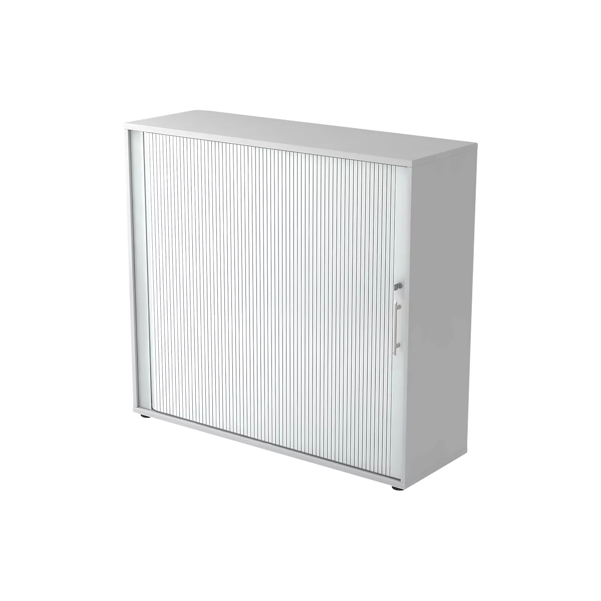 Grey cabinet with slatted door and silver handle. The door is closed.