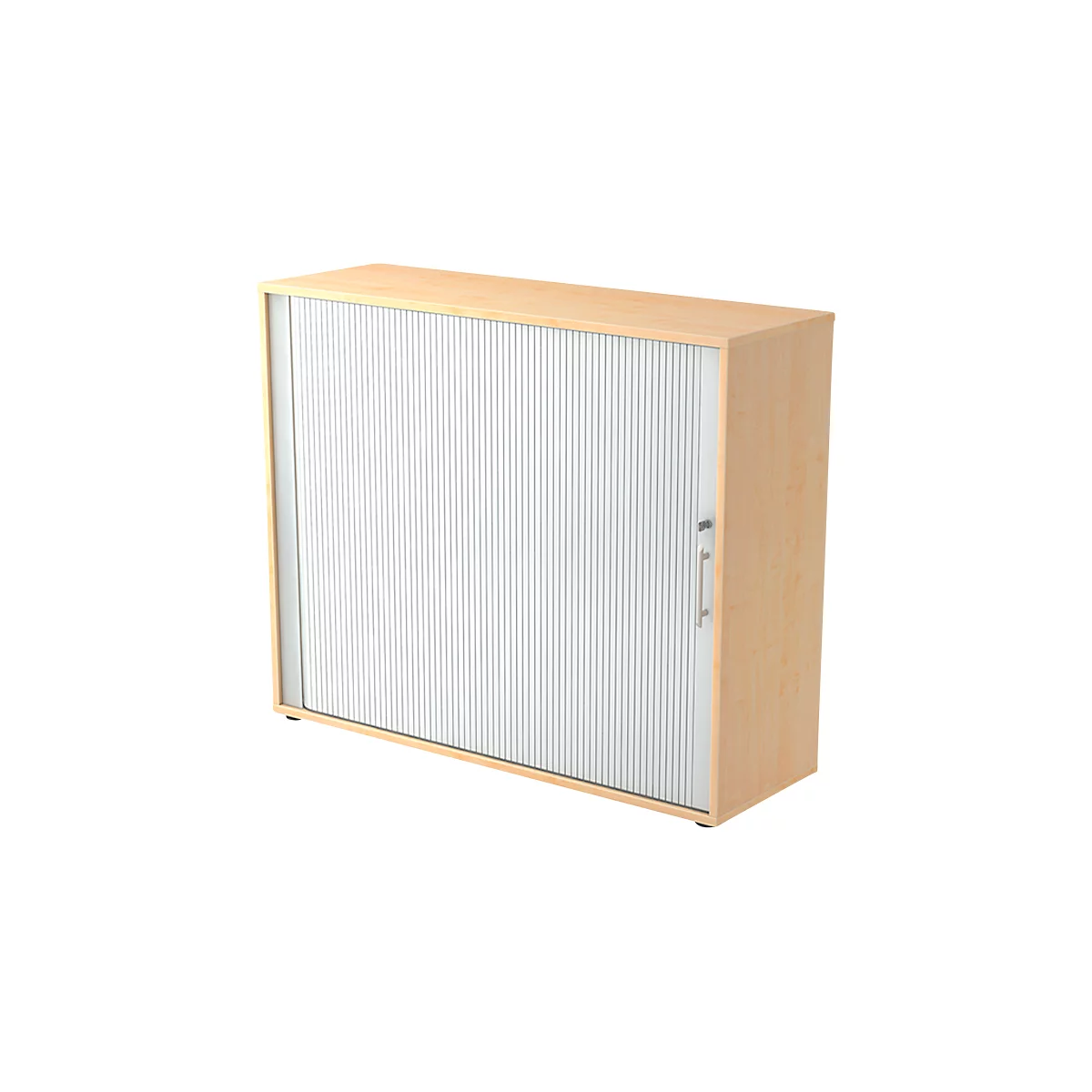 Wooden cabinet with a white roller door. The handle is silver.