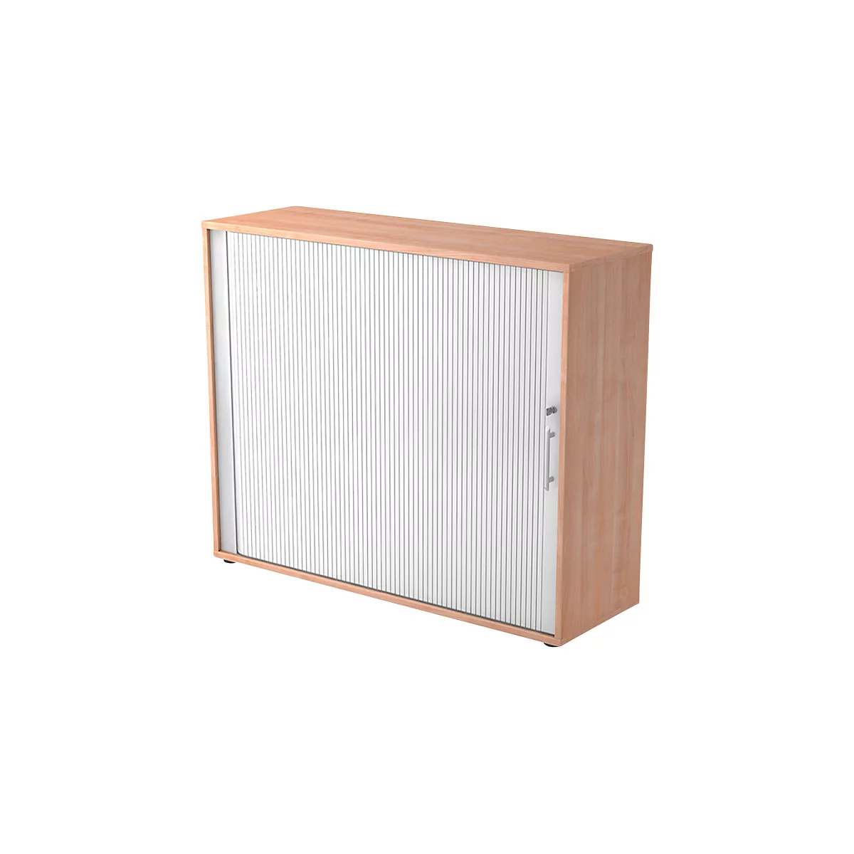 Wooden cabinet with white slatted front and silver handle. Rectangular, light wood look.