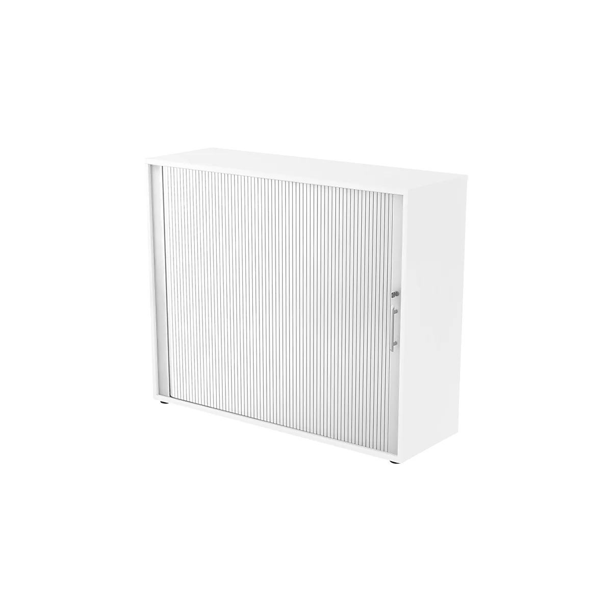 White cabinet with slatted door and silver handle. The door is closed.