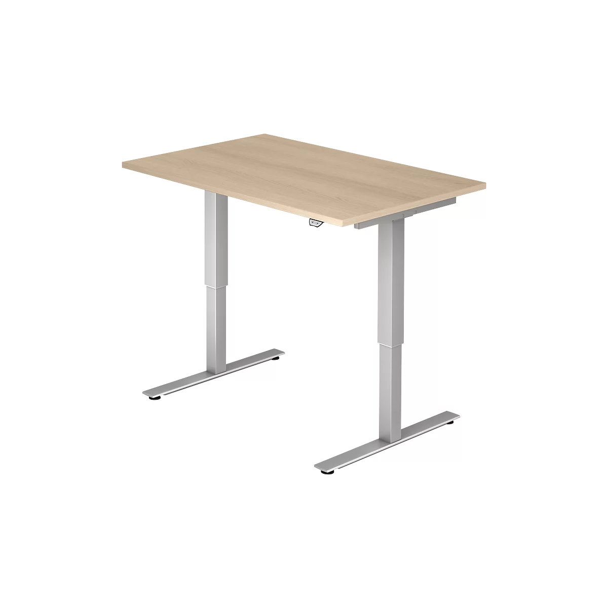Light brown, height-adjustable desk with silver legs. Control panel on the tabletop.
