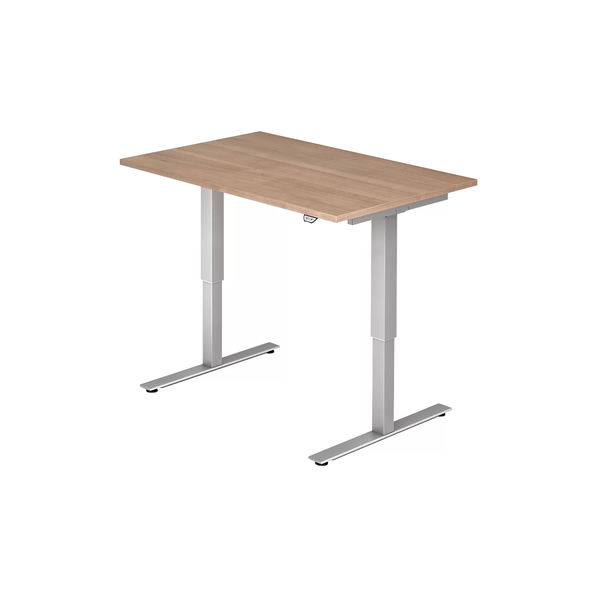 A height-adjustable desk. Wooden tabletop, silver frame, rectangular shape.