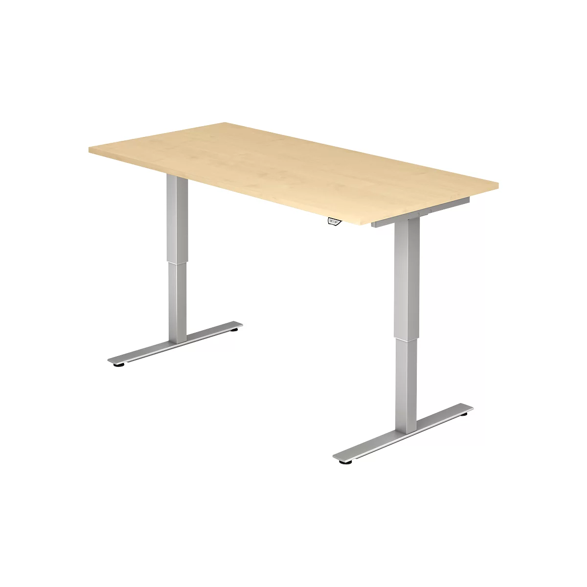 A light brown rectangular desk with gray, height-adjustable legs. The desk is isolated.