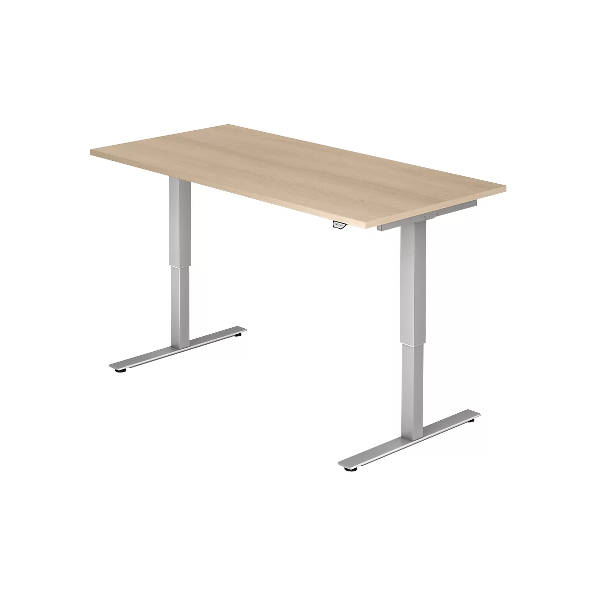 A height-adjustable desk. Light brown tabletop on silver legs, clean lines.