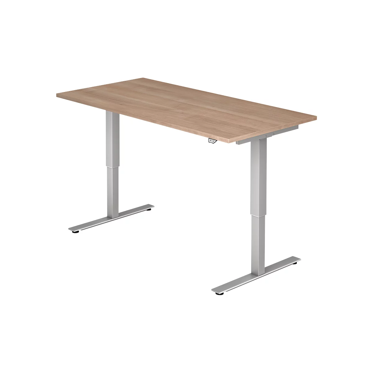 An adjustable height desk with a wooden top and silver legs. The legs are T-shaped.
