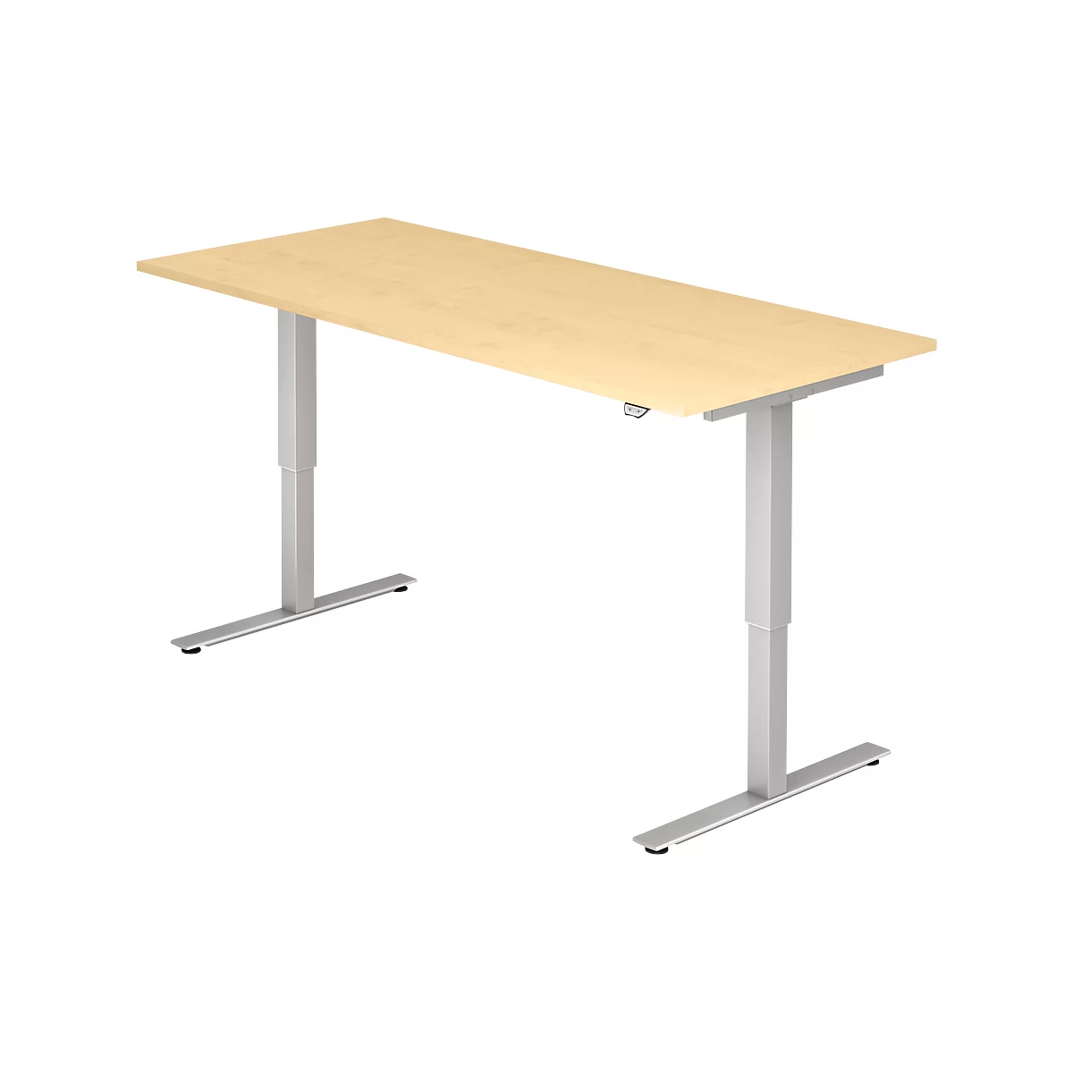 An adjustable desk with a light brown table top and silver legs, against a white background.