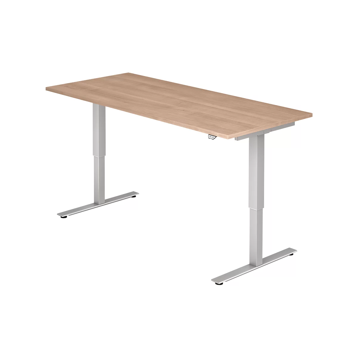 A height-adjustable desk with a light brown table top and silver legs.