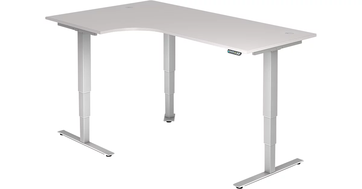 ULM escritorio angular, regulable eléctricamente en altura, ángulo de 90° a la izquierda, pata en T, AN 2000 x F 1200 x AL 625-1275 mm, aluminio gris claro/blanco + interruptor de memoria