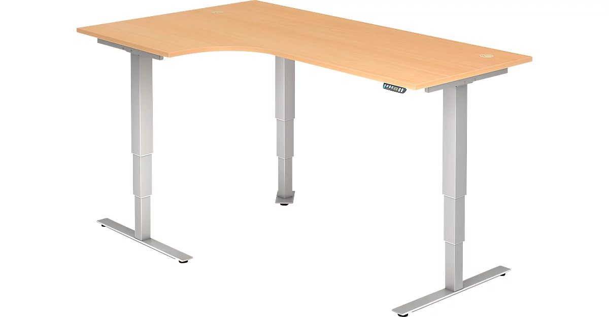 ULM escritorio angular, regulable eléctricamente en altura, ángulo de 90° a la izquierda, pata en T, AN 2000 x F 1200 x AL 625-1275 mm, haya/aluminio blanco + interruptor de memoria