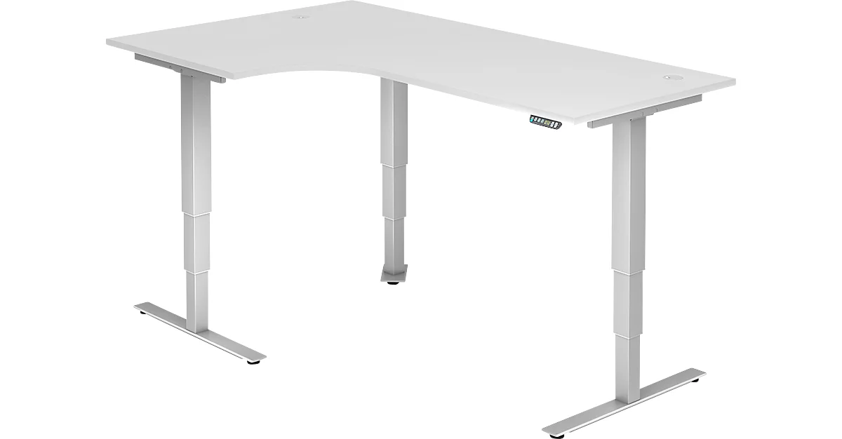 ULM escritorio angular, regulable eléctricamente en altura, ángulo de 90° a la izquierda, pata en T, An 2000 x Pr 1200 x Al 625-1275 mm, aluminio blanco/blanco + interruptor de memoria