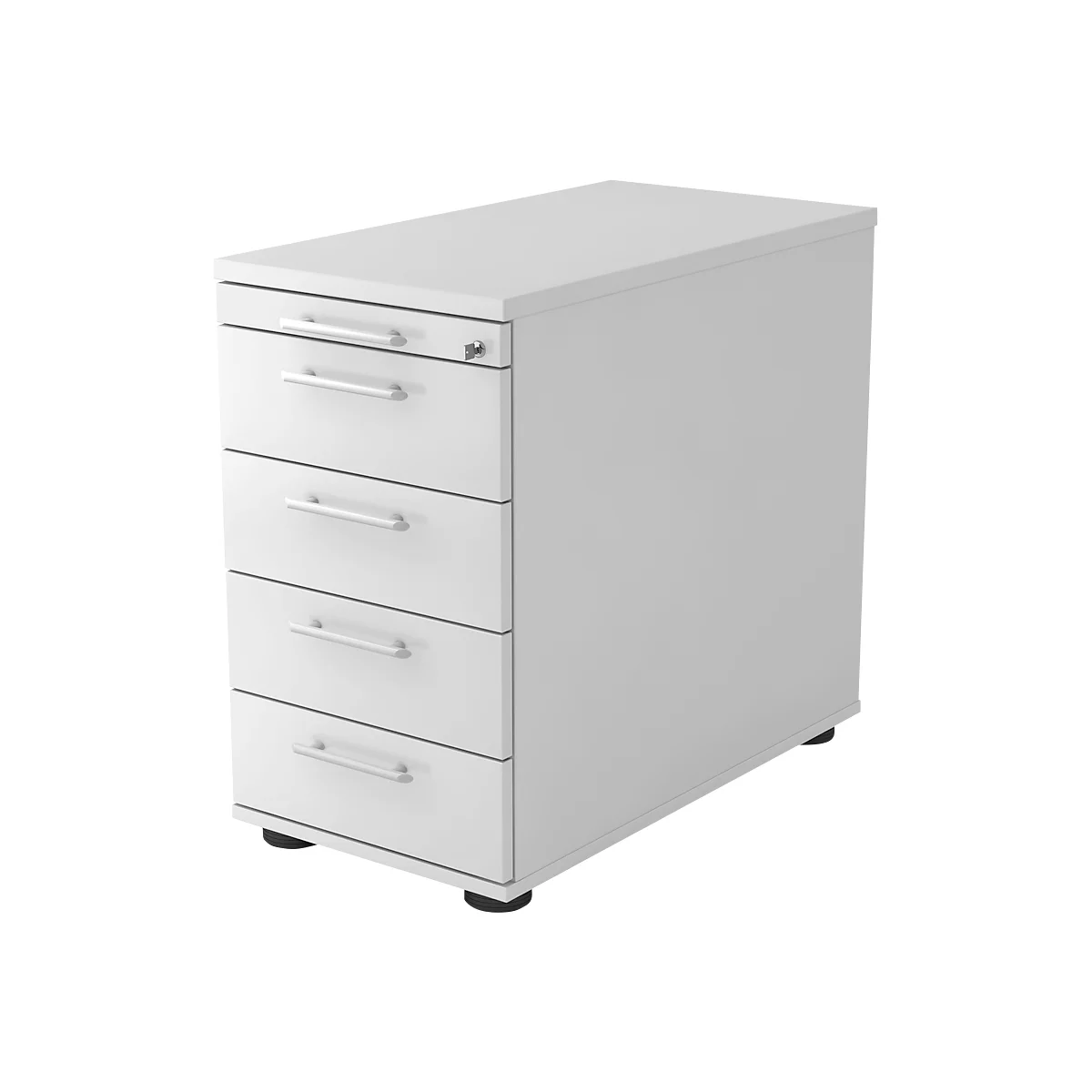 White mobile pedestal with four drawers and silver handles. There is a lock on the top.