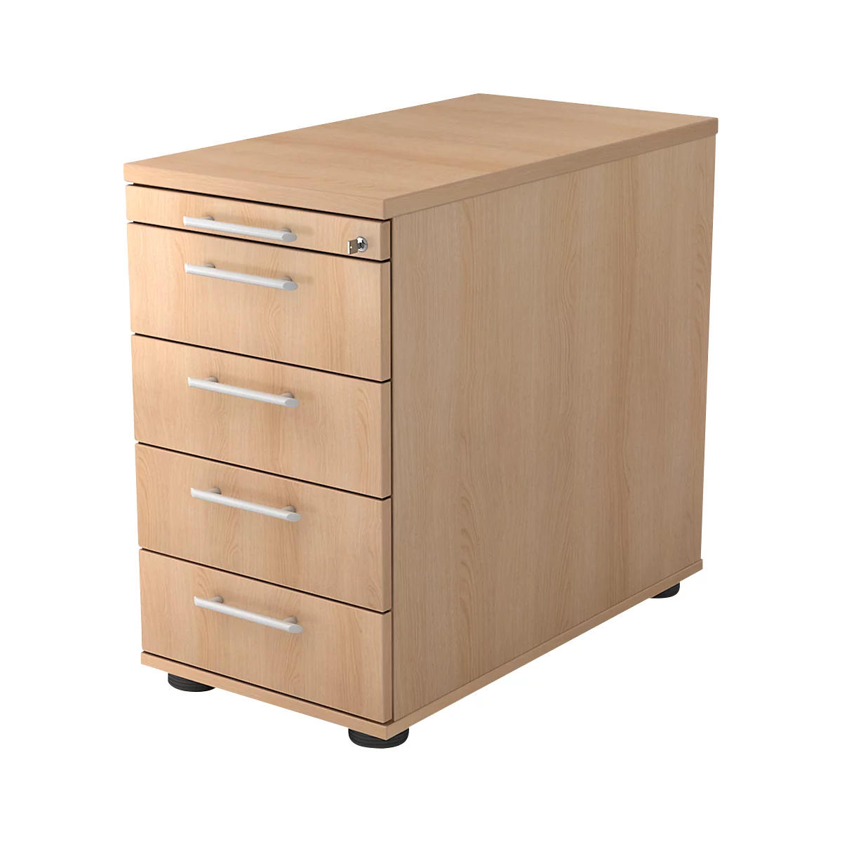 Beige wooden filing cabinet, four drawers, silver handles. Key is in the lock of the top drawer. Black feet.