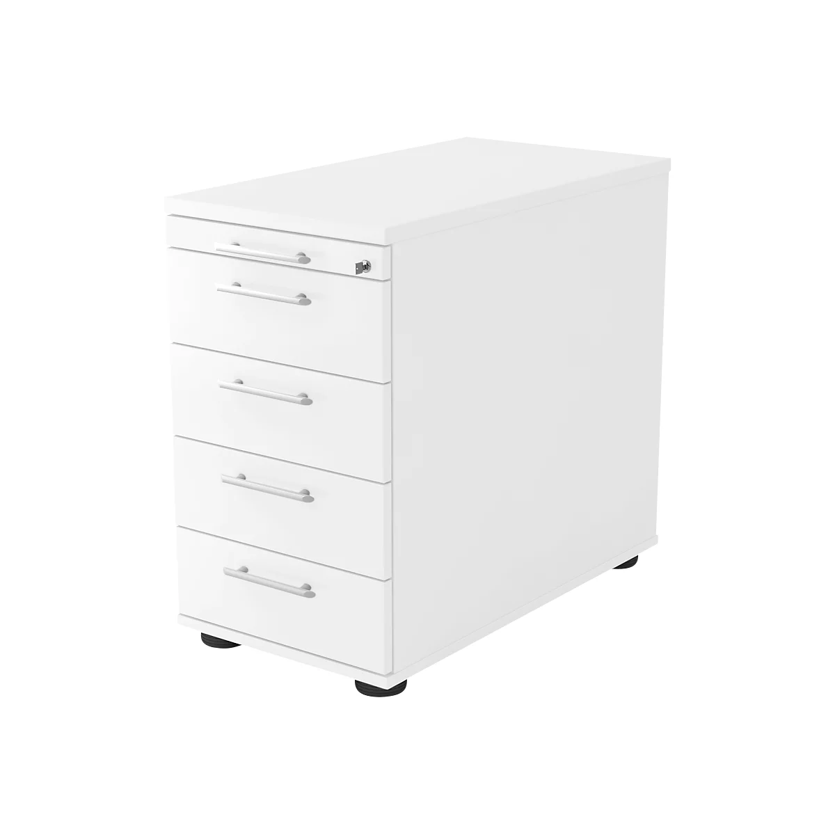 White, tall mobile pedestal with four drawers and silver handles. The piece of furniture stands on black feet.
