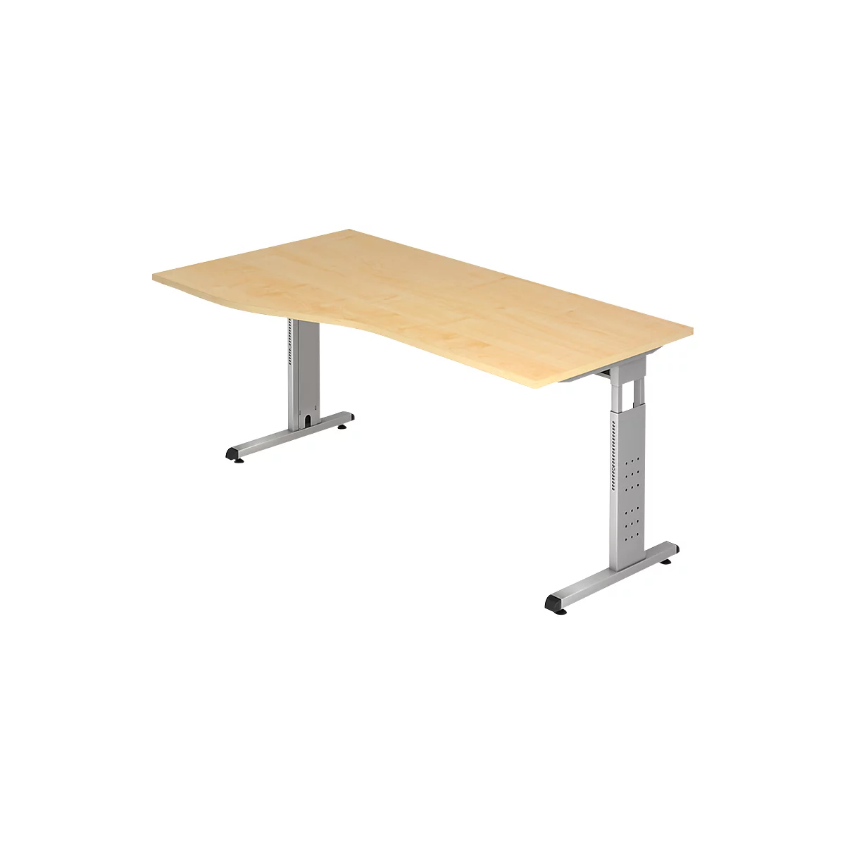 A height-adjustable desk made of light-colored wood with a silver frame. The tabletop is curved.
