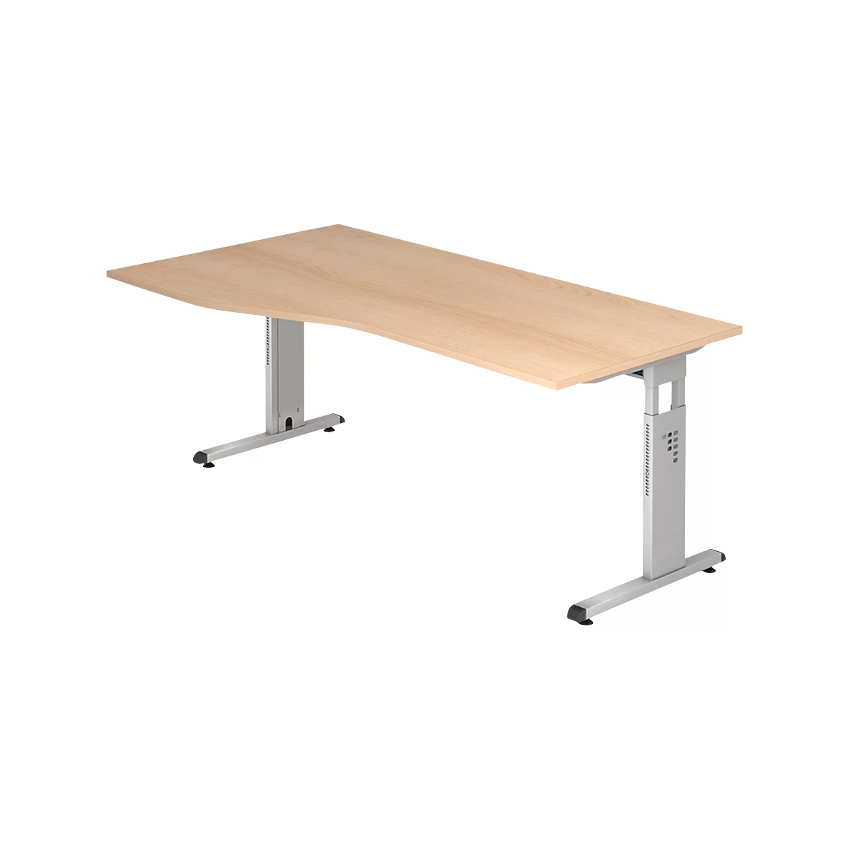 Light brown desk with height-adjustable silver legs. The desk has a slightly curved shape.