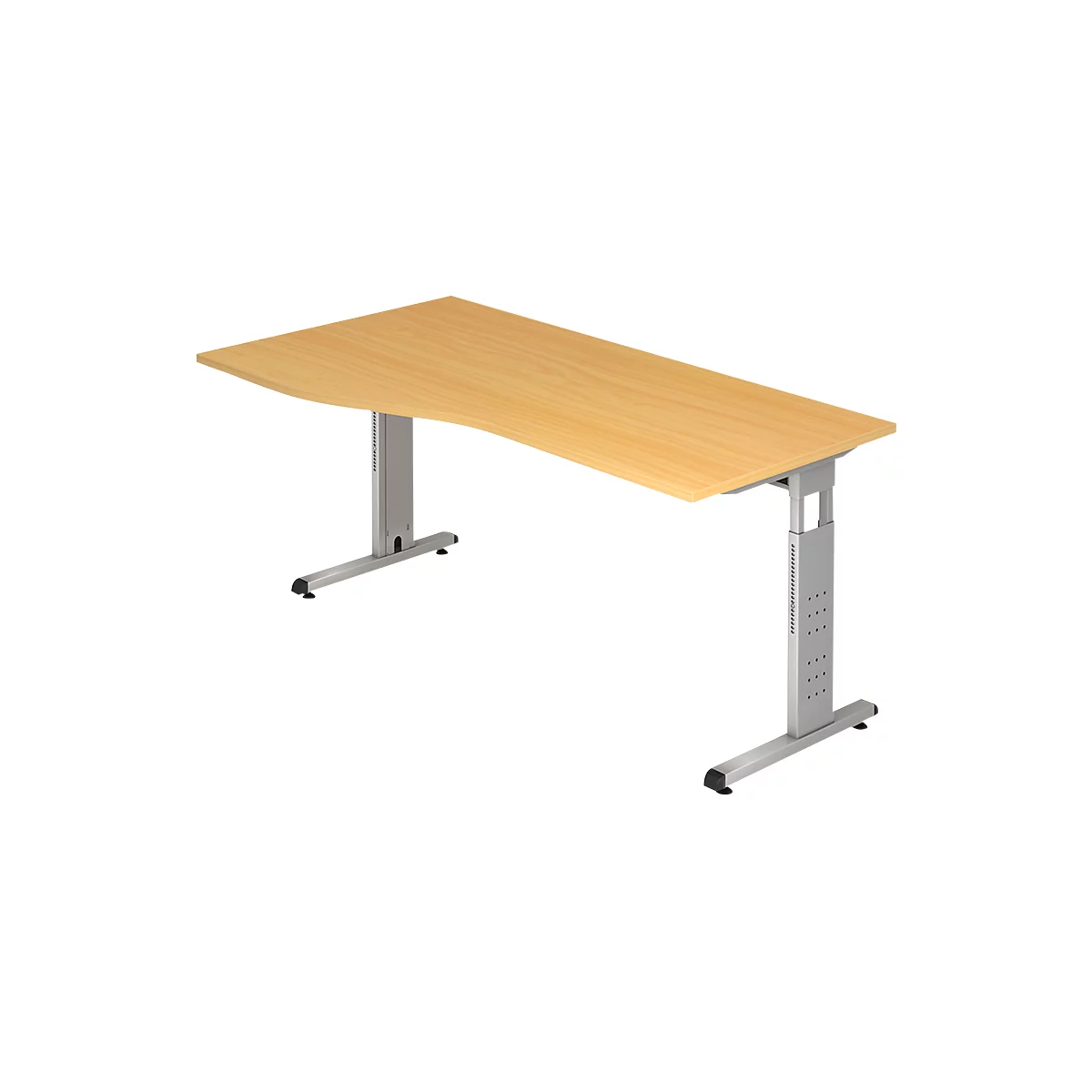 A light-colored wooden desk with silver, height-adjustable legs.