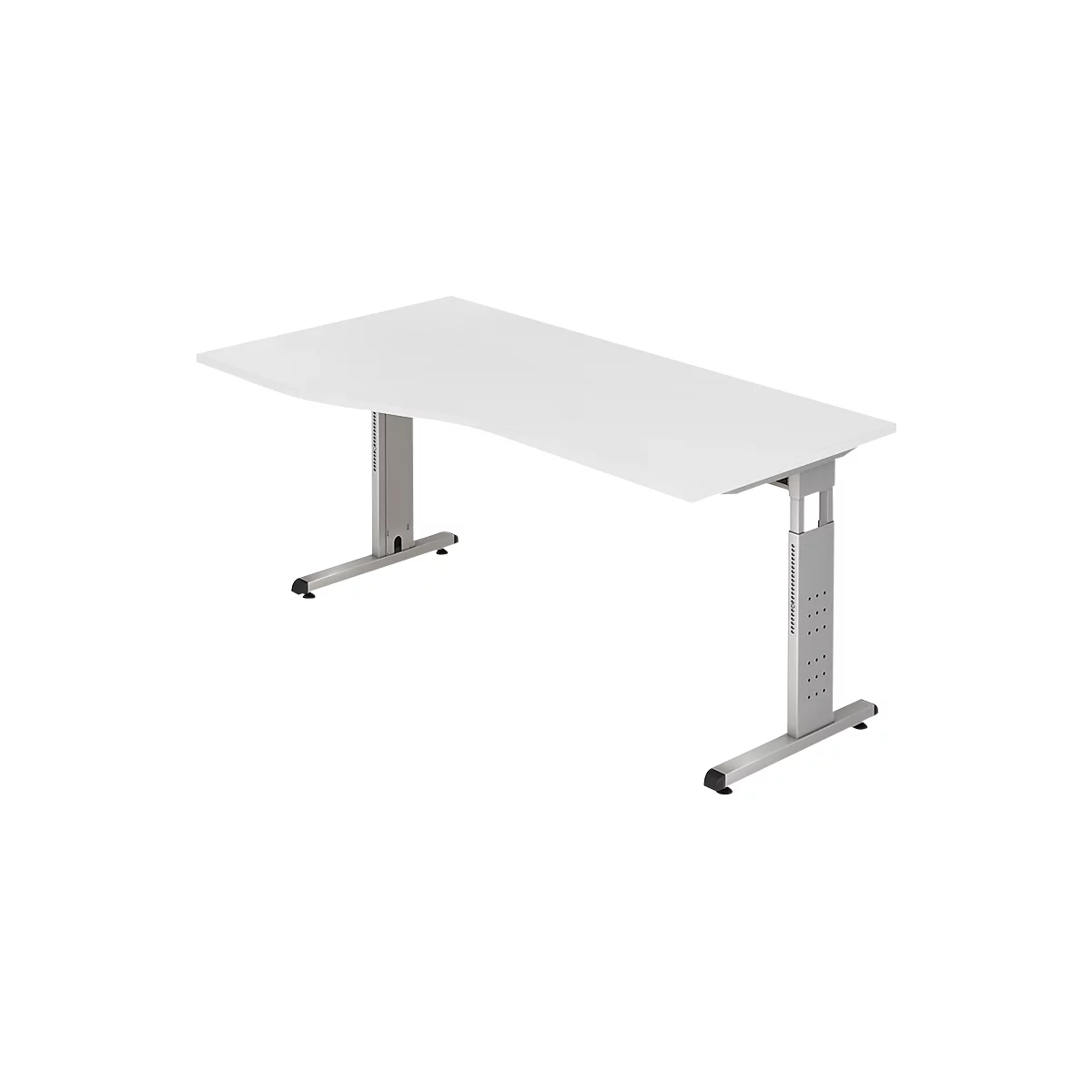 A white, height-adjustable desk with a curved tabletop and silver legs.