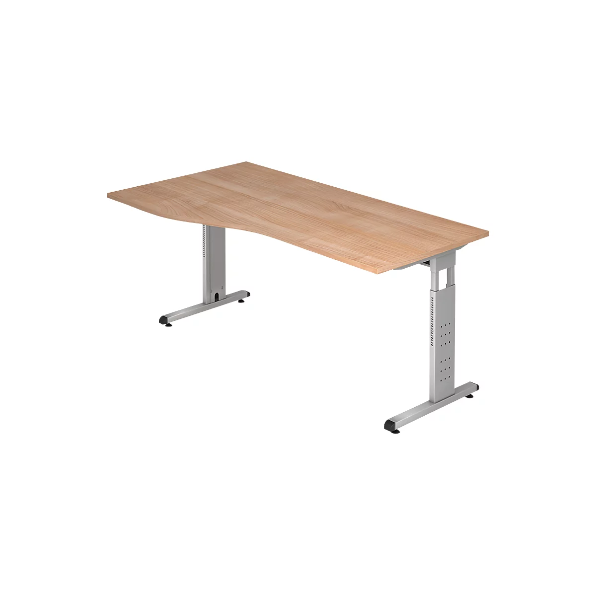 A light brown desk with a curved edge and silver, height-adjustable legs. The background is white.