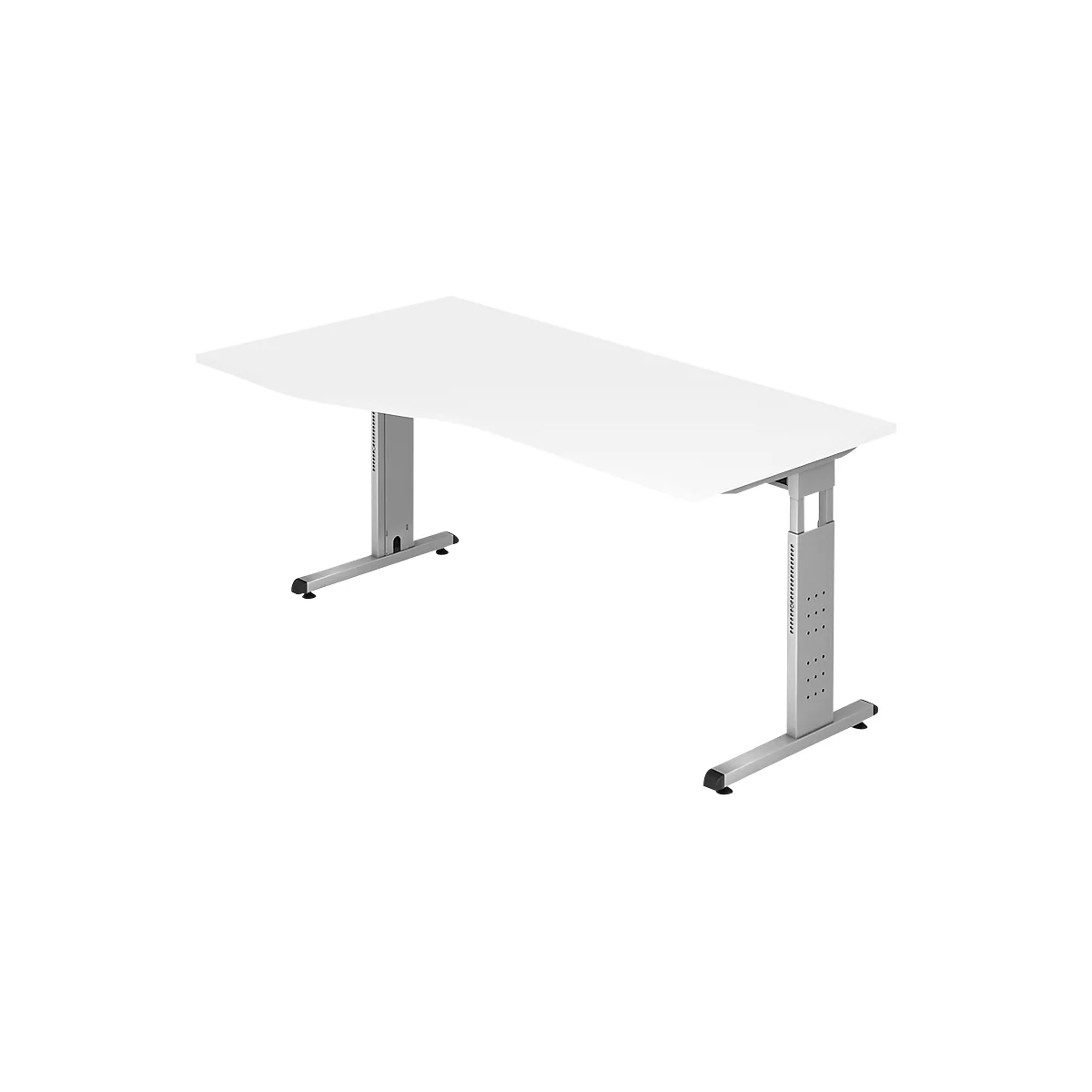 White height-adjustable desk with gray legs. The tabletop has a slightly curved shape.