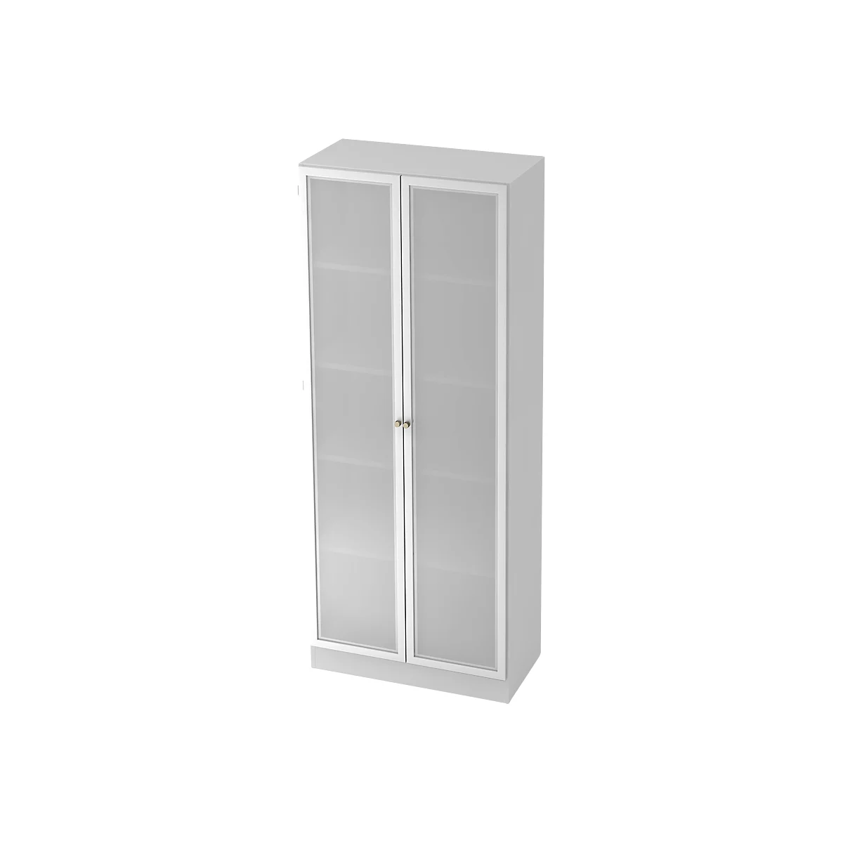 White cabinet with two doors and glass front. Golden handle in the middle.