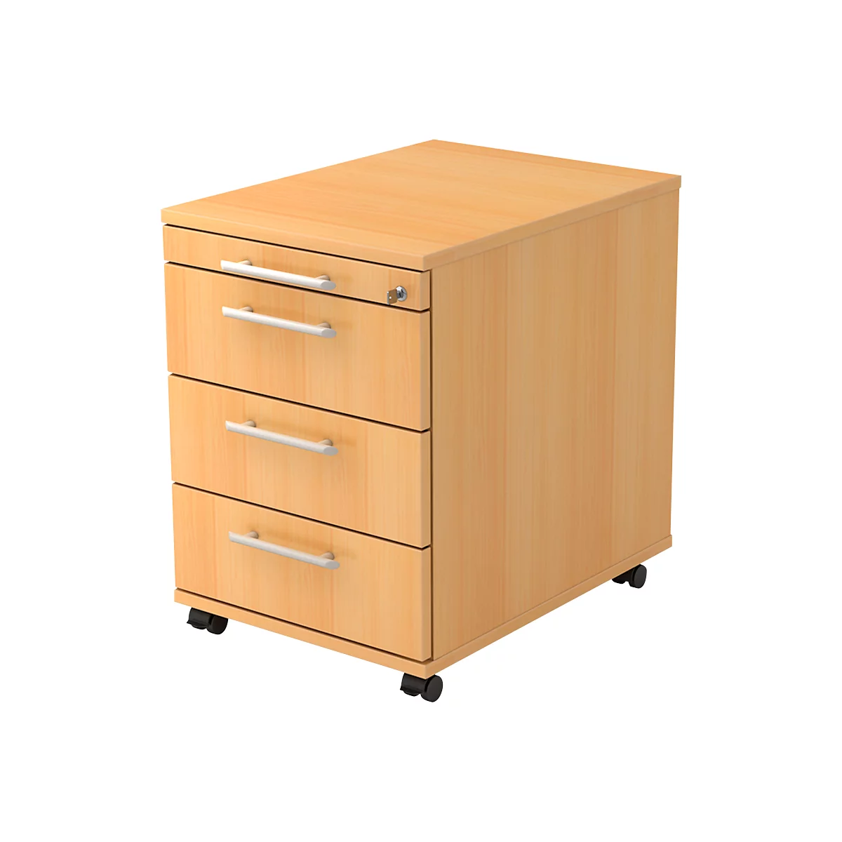 Beige rolling file cabinet with three drawers, silver handles, and wheels.