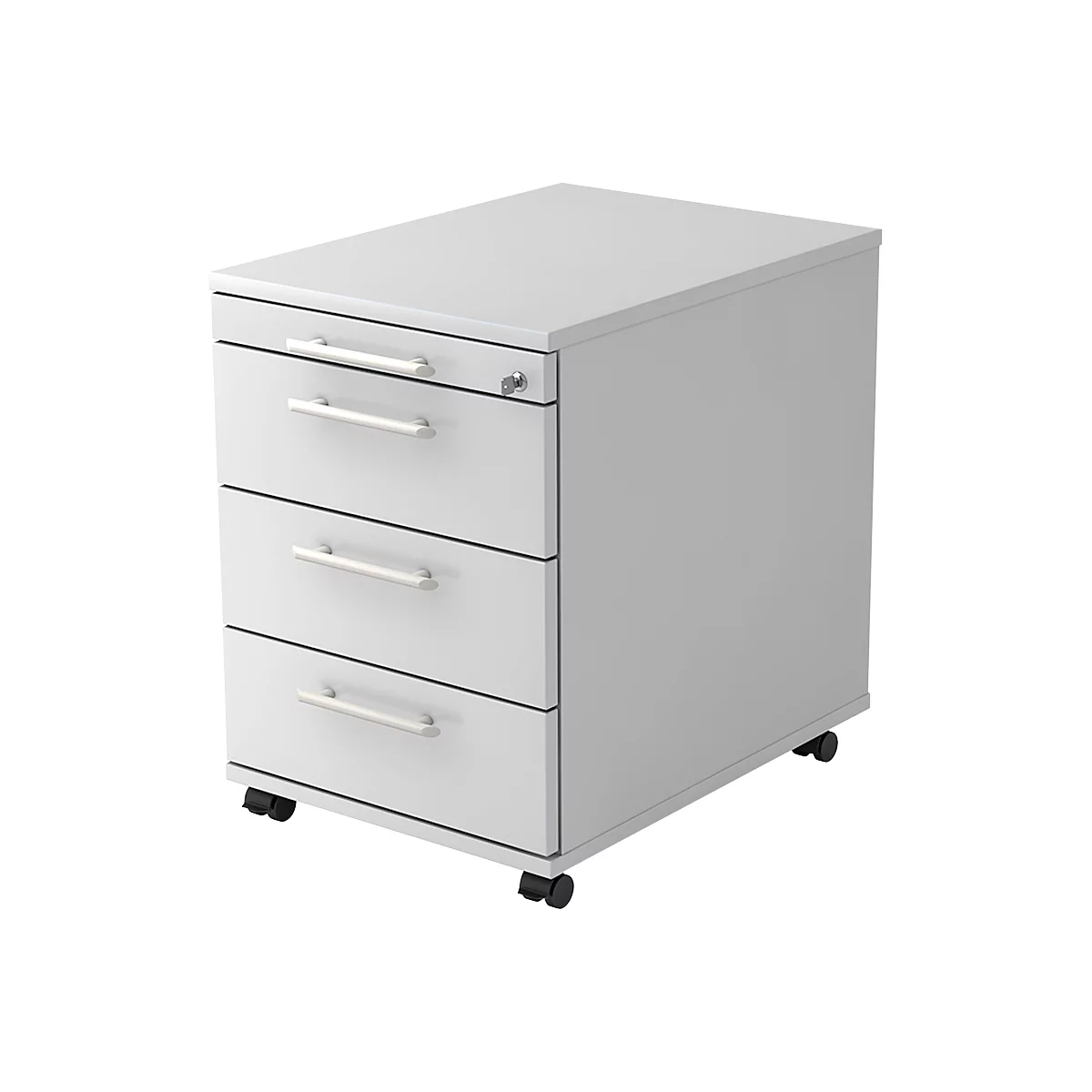 White rolling cabinet with three drawers and silver handles. It stands on small black castors.