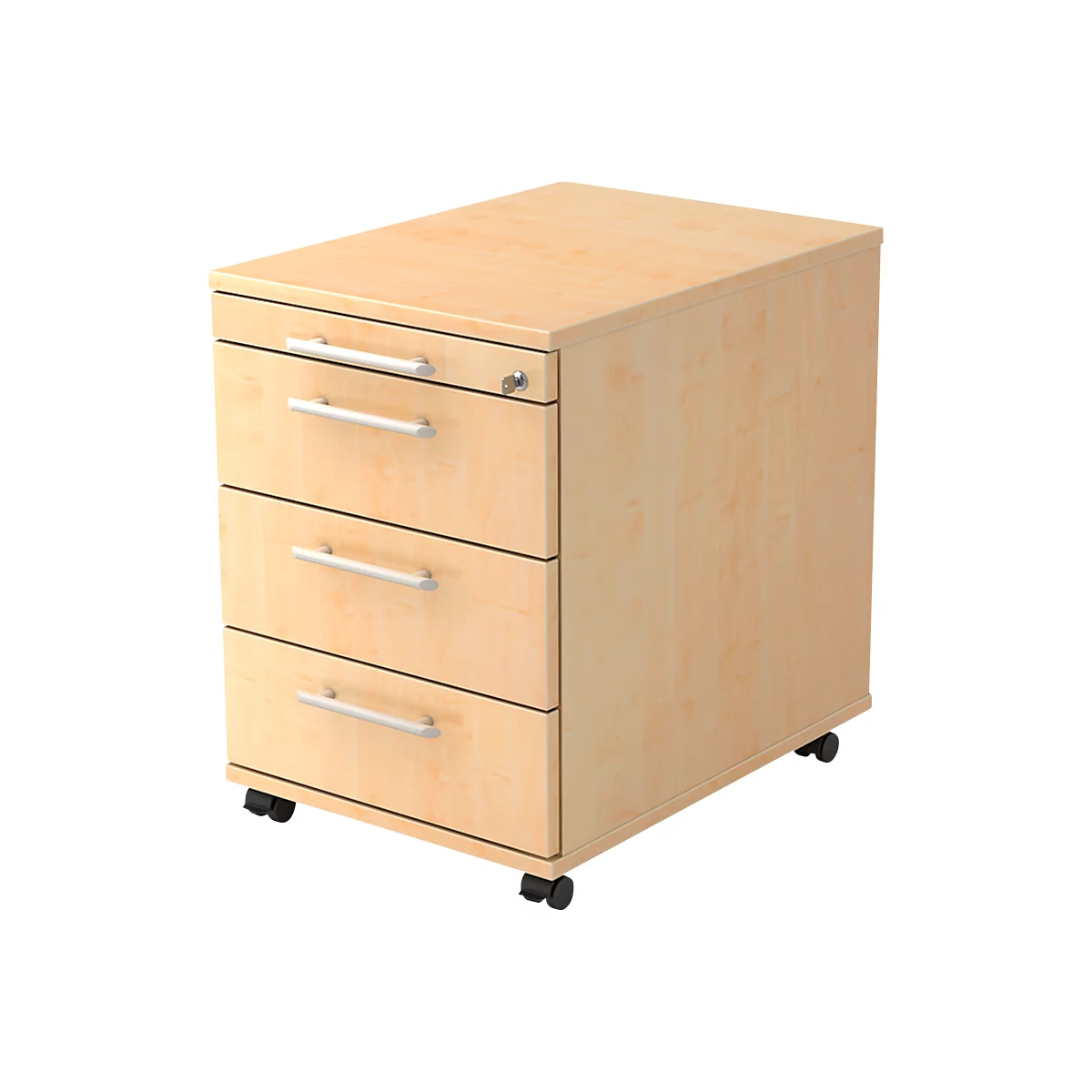 Beige filing cabinet with three drawers, silver handles and wheels.