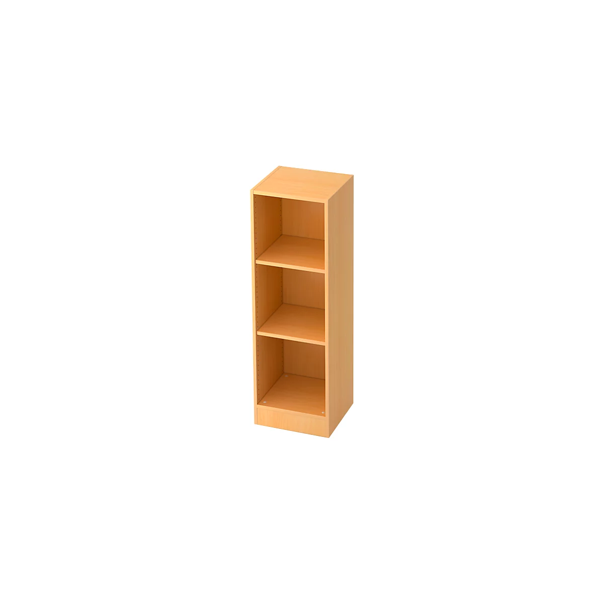 A beige bookcase with three shelves. The edges are neatly finished.