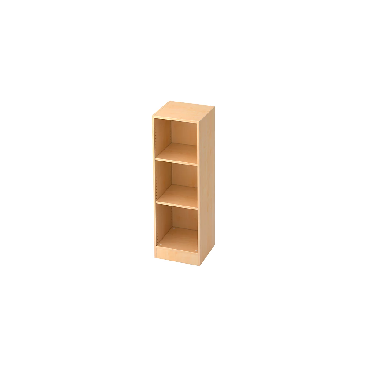 A tall, open bookcase made of light wood, with three shelves. The cabinet stands against a neutral background.