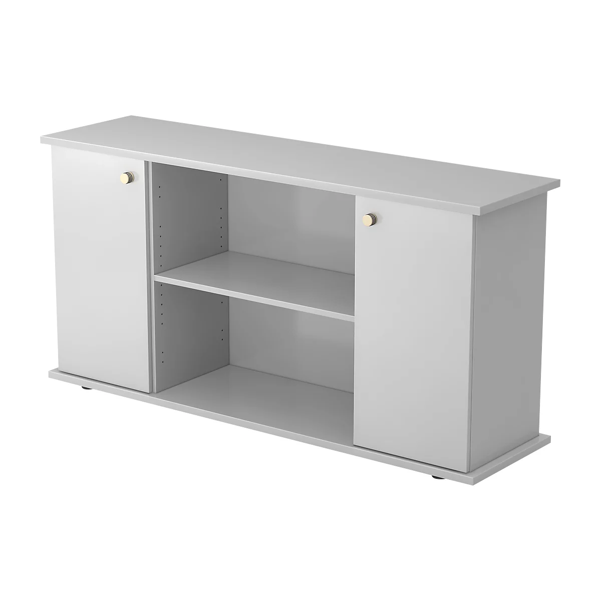 Grey sideboard with two doors and gold-colored handles. Open compartment with two shelves.