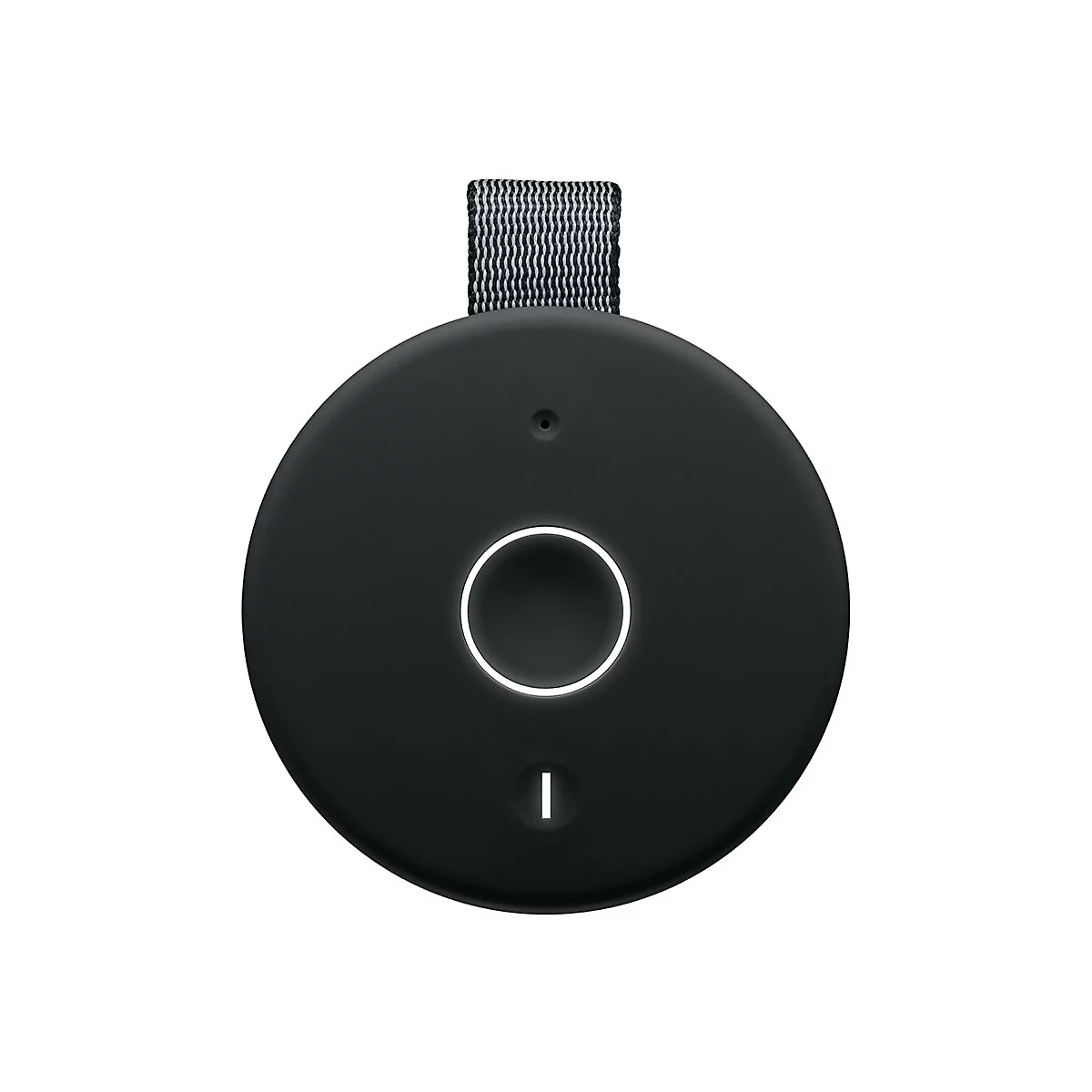 Schwarzer, runder Bluetooth-Lautsprecher, obenliegende Bedienelemente. Mit Trageschlaufe.