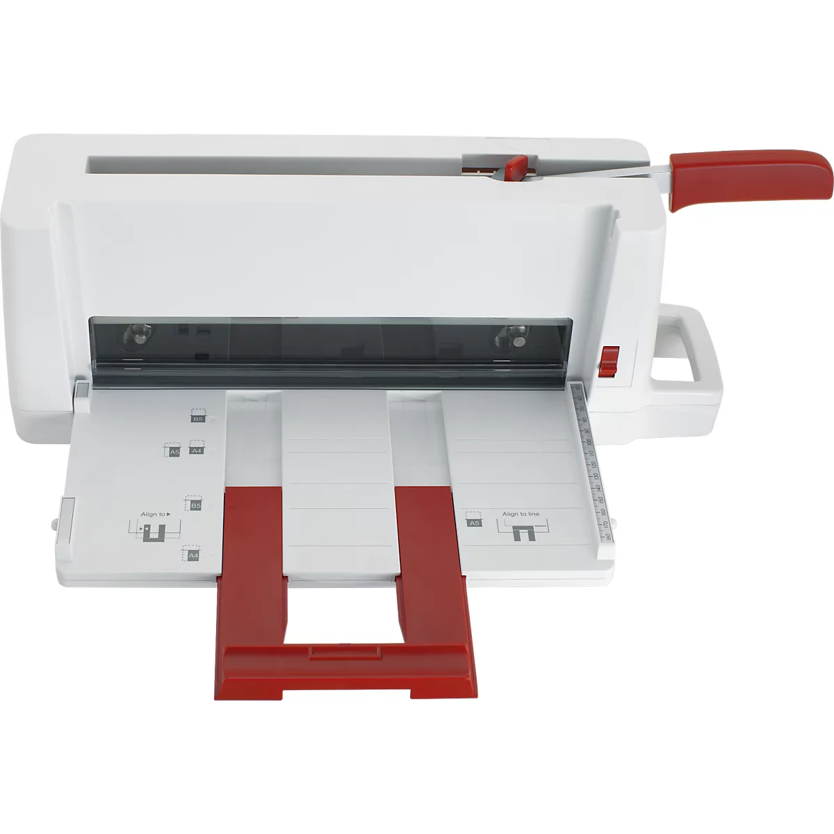 White, open cutting device with red accents. Paper output in front, red lever on the side.