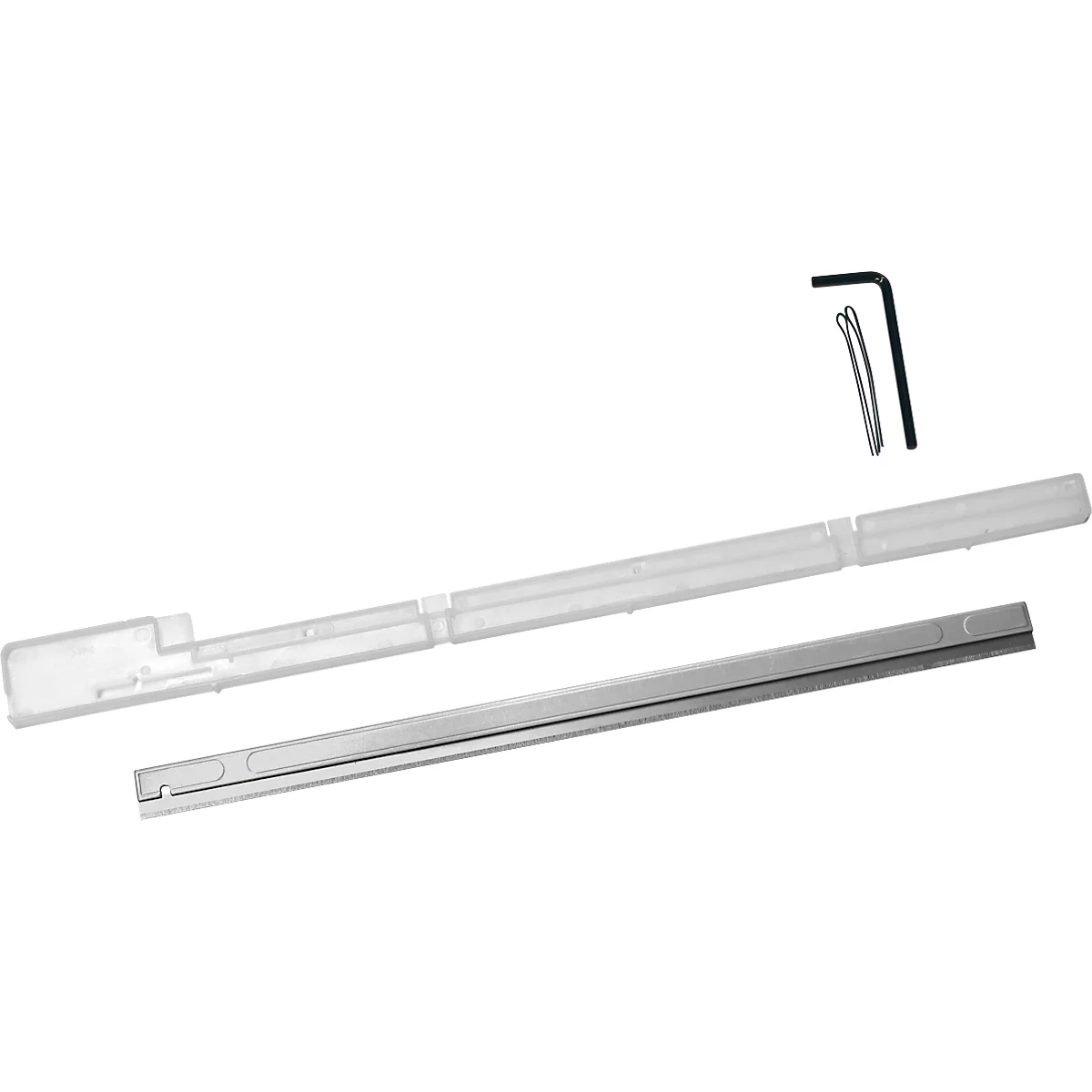On a white background, a silver blade and a transparent plastic guide lie. Above, a black Allen wrench and two metal clips.