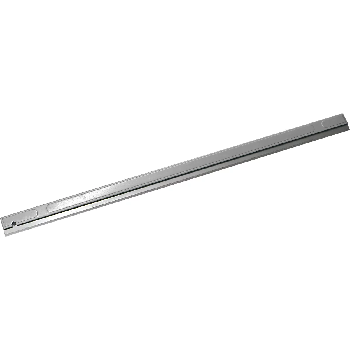 Long, gray metal rail lying diagonally on a white background.